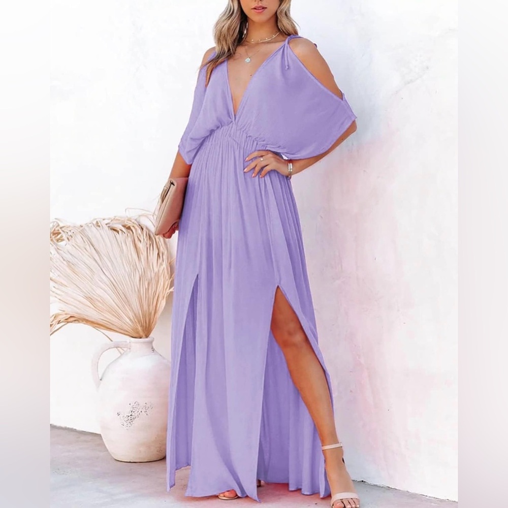 DEEP SELF VNeck Cold Shoulder Short Sleeve High Waist Split Guest Long Dress